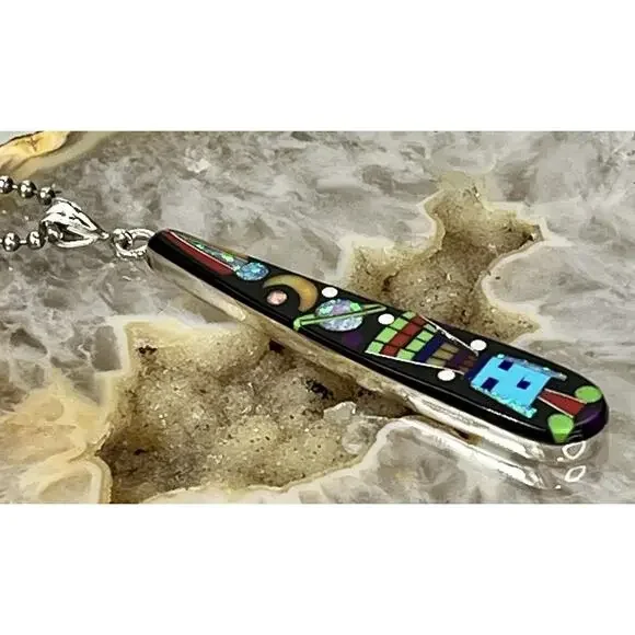 ZUNI Galaxy Rainbow Kachina Micro Inlay Pendant 925 Sterling Silver Necklace - Picture 2 of 16